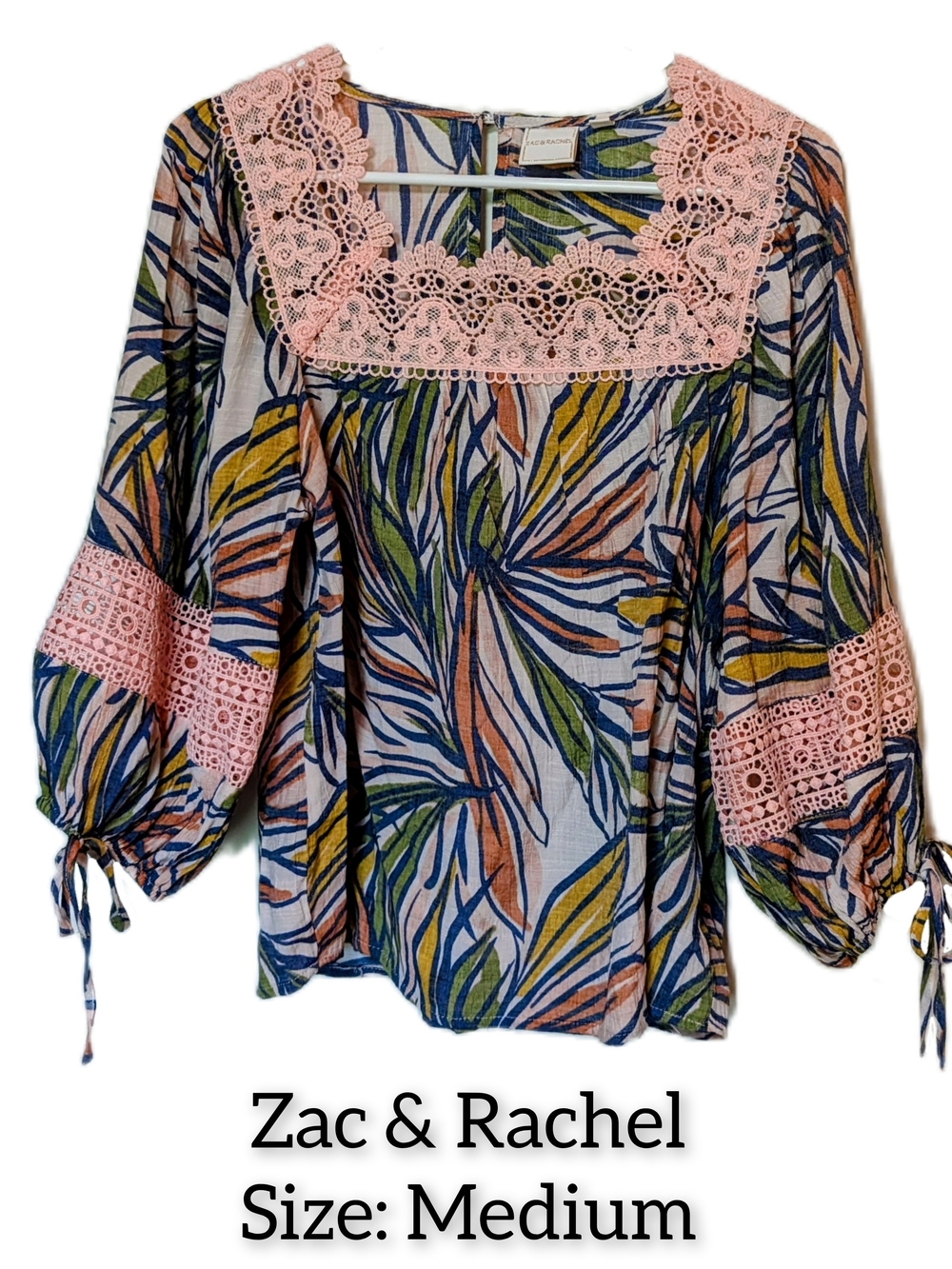 Zac & Rachel Multicolor Leaf-Print Blouse with Pink Lace Trim